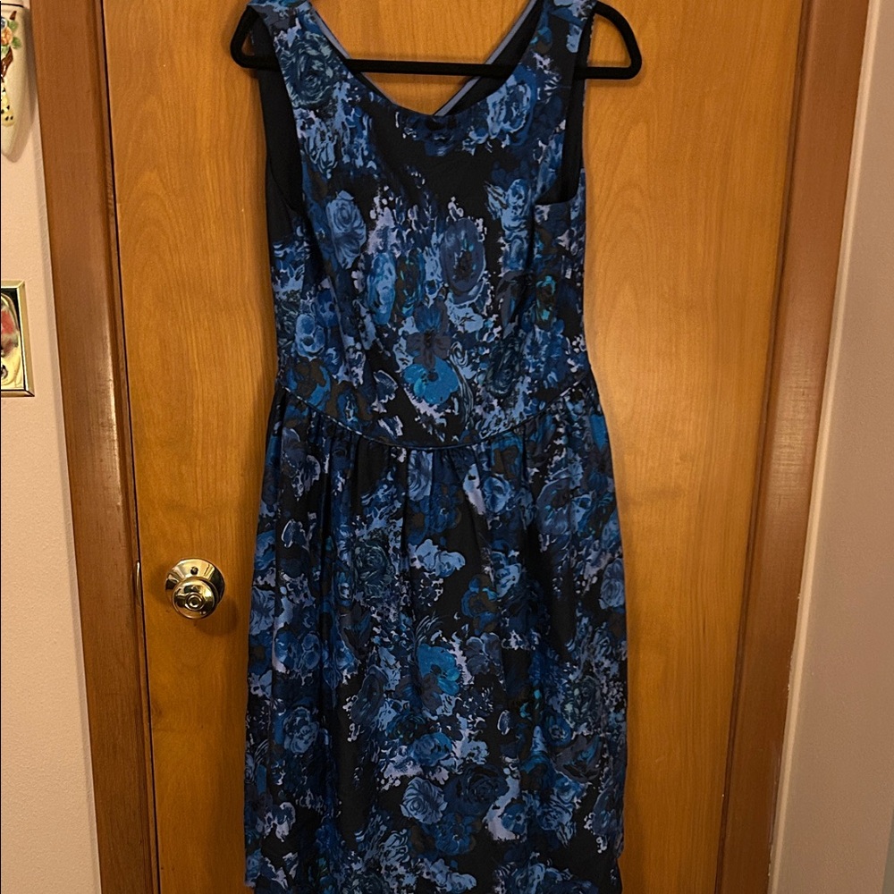 Floral Sleeveless A-Line Dress in Blue and Black